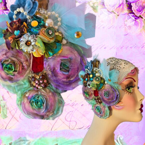 Handmade Pastel Rainbow Rose and Millinery Feather Crystal Hair Clip Romantic - Picture 1 of 10